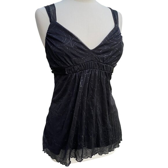 Y2K Babydoll Sheer Mesh Whimsigoth Tank Top Black Shimmer Dark Fairy Grunge-M - Picture 1 of 16
